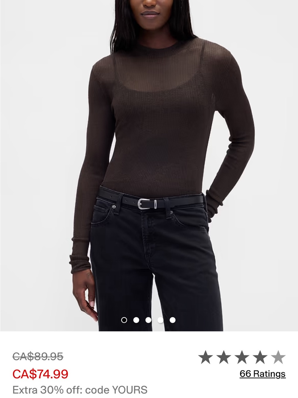 GAP Brown Ribbed Long-Sleeve Crewneck Top - sheer